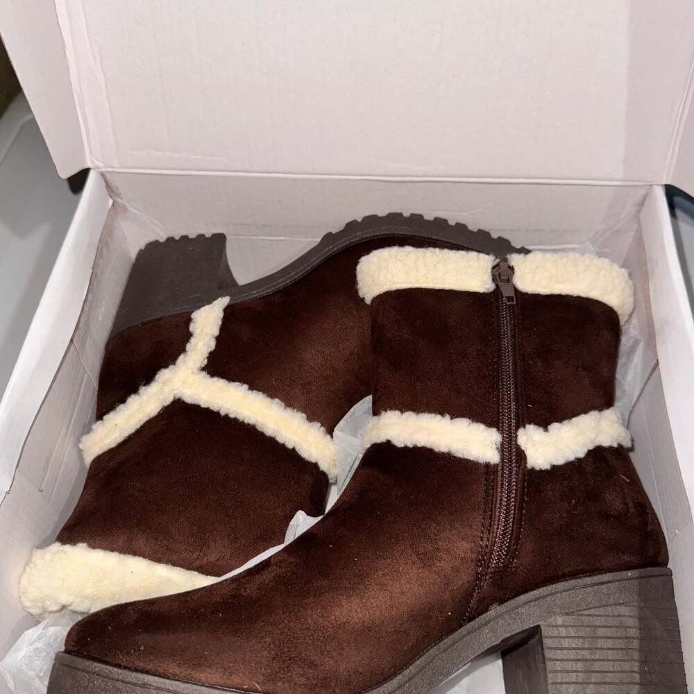 Olivia Miller Brown Faux Sherpa Trim Ankle Boots